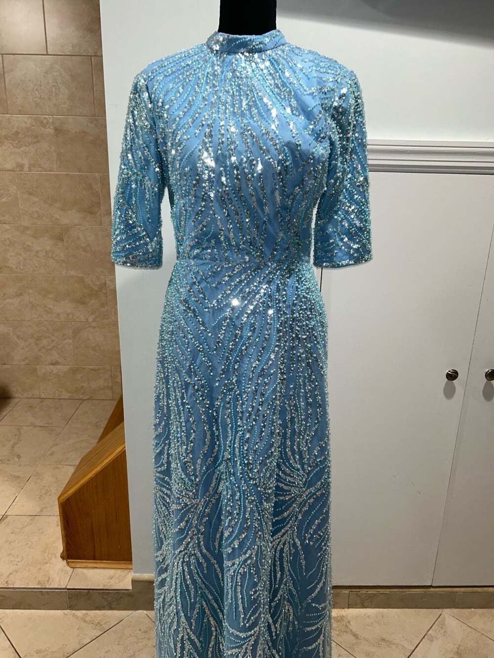 Elegant baby Blue Beaded High-Neck Formal Evening Gown with sleeves
